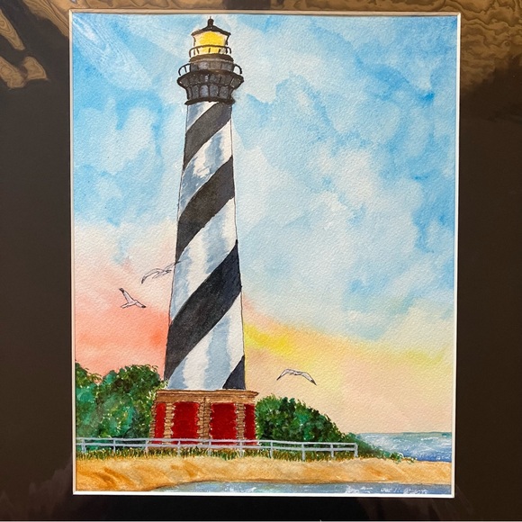 Watercolor Lighthouse Wall Art Painting Framed in Acid Free Art Kit, 11x14" - Picture 1 of 4